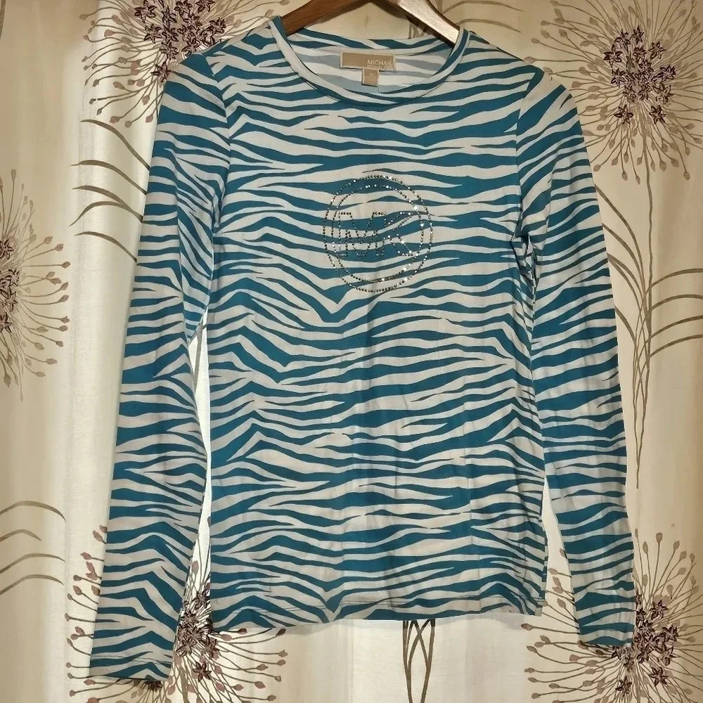 Michael Kors Top Shirt MK Jeweled Sparkle MK Logo Blue White Sz S NWT #0039